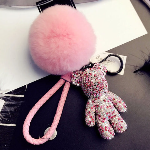 Teddy Bear Luxe Rhinestone Key Ring in Pink - House of Pascal