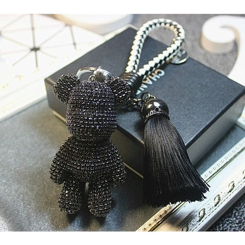 TEDDY BEAR Luxe Rhinestone Key Ring in Black - House of Pascal